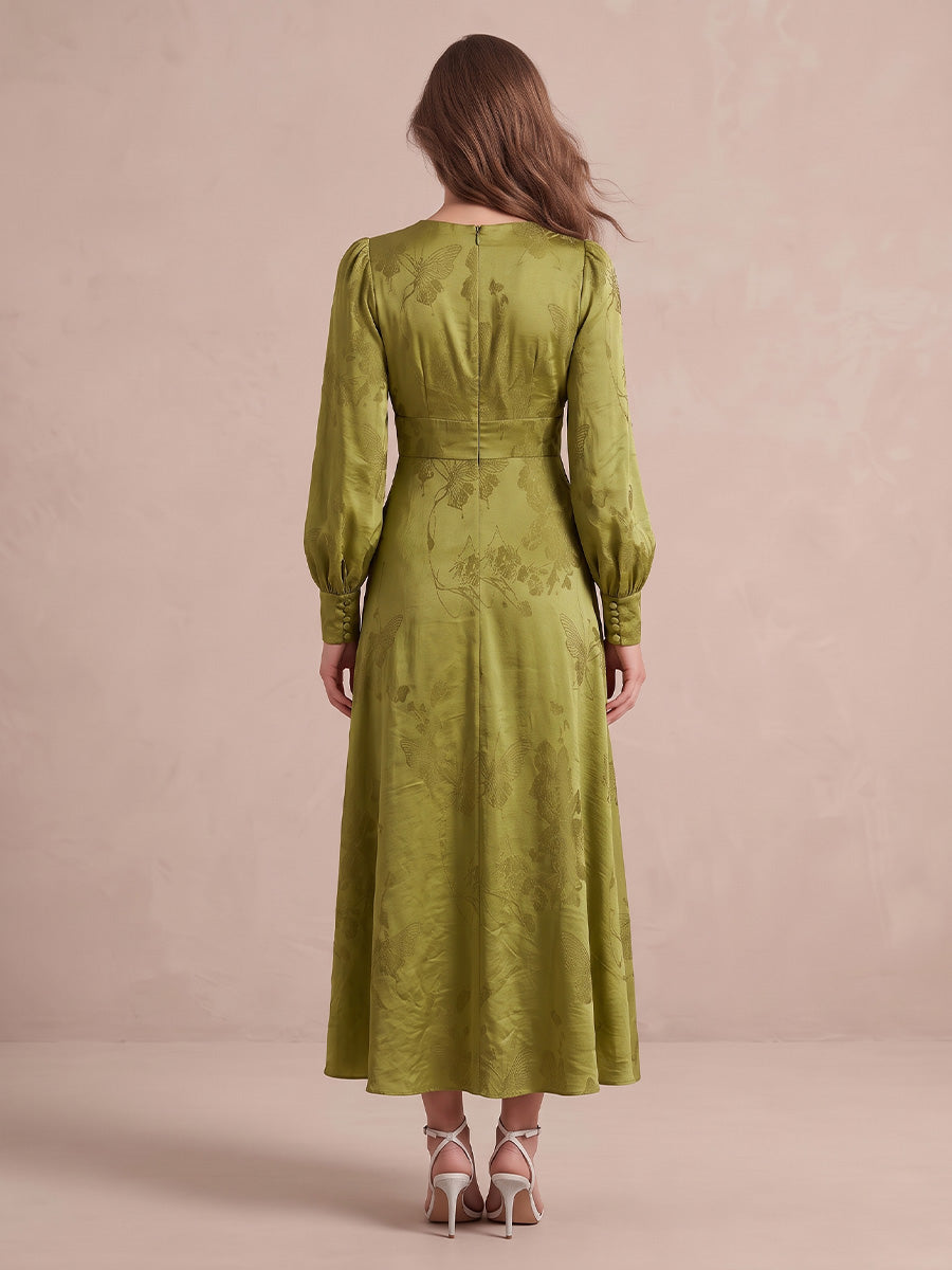 Olive Green A Line Ankle Length Jacquard Satin Wedding Guest Dresses V Neck Formal Dresses Plus Size