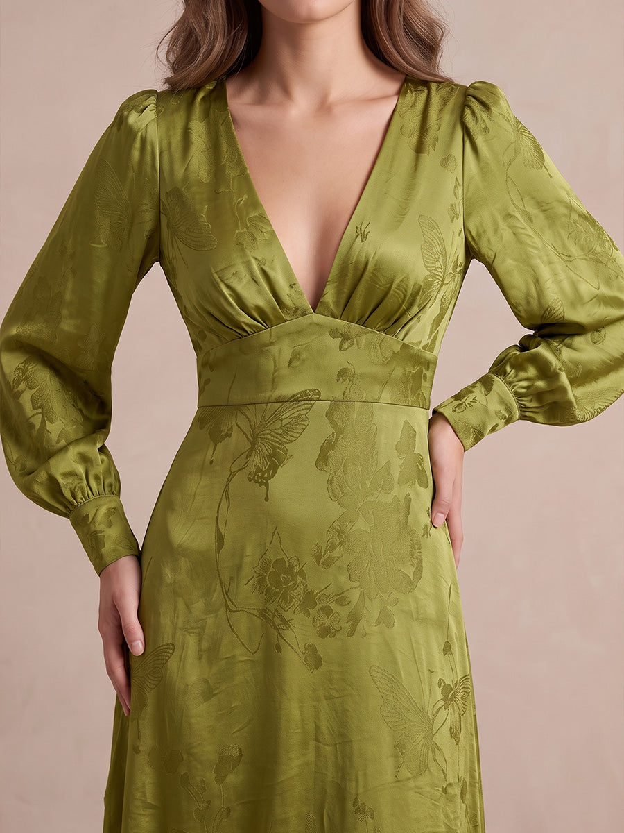 Olive Green A Line Ankle Length Jacquard Satin Wedding Guest Dresses V Neck Formal Dresses Plus Size