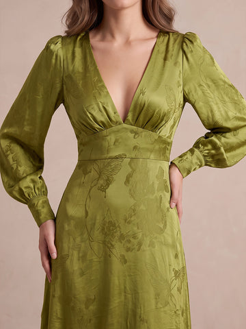 Olive Green A Line Ankle Length Jacquard Satin Wedding Guest Dresses V Neck Formal Dresses Plus Size