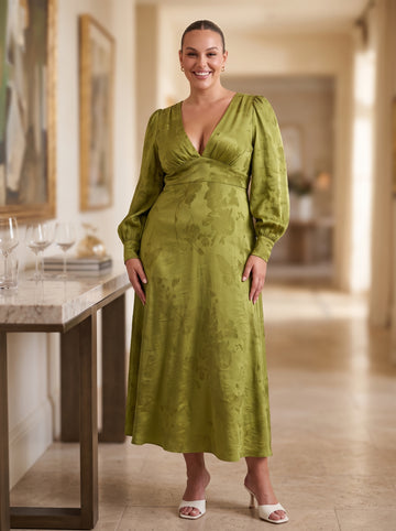 Olive Green A Line Ankle Length Jacquard Satin Wedding Guest Dresses V Neck Formal Dresses Plus Size