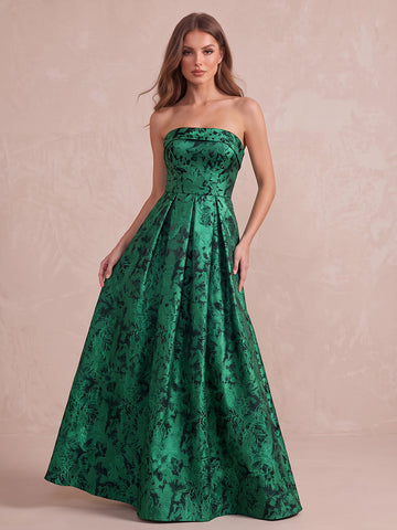 Emerald Green A Line Floor Length Jacquard Satin Wedding Guest Dresses Strapless Evening Dresses