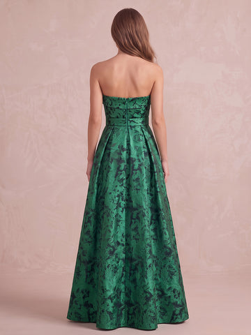 Emerald Green A Line Floor Length Jacquard Satin Wedding Guest Dresses Strapless Evening Dresses