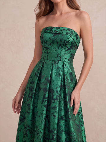 Emerald Green A Line Floor Length Jacquard Satin Wedding Guest Dresses Strapless Evening Dresses