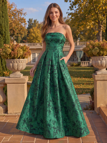 Emerald Green A Line Floor Length Jacquard Satin Wedding Guest Dresses Strapless Evening Dresses