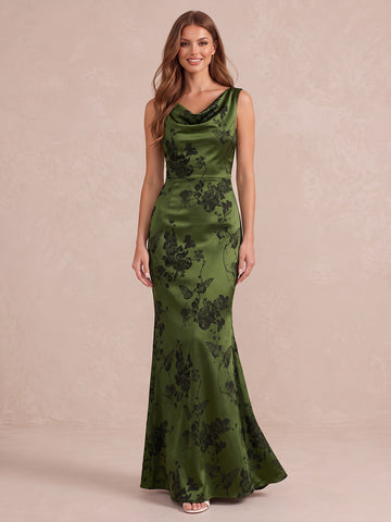Olive Green Mermaid Ankle Length Jacquard Wedding Guest Dresses Cowl Neck Cocktail Dresses