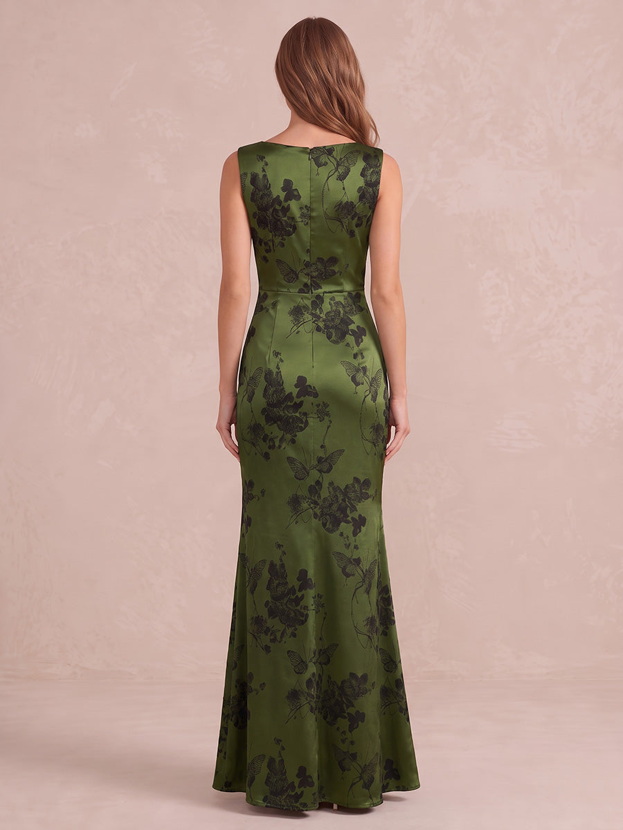 Olive Green Mermaid Ankle Length Jacquard Wedding Guest Dresses Cowl Neck Cocktail Dresses