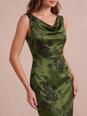 Olive Green Mermaid Ankle Length Jacquard Wedding Guest Dresses Cowl Neck Cocktail Dresses