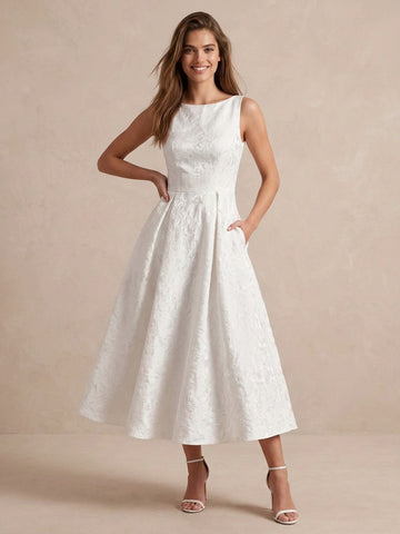 Ivory A Line Tea Length Jacquard Wedding Guest Dresses Bateau Neck Cocktail Dresses
