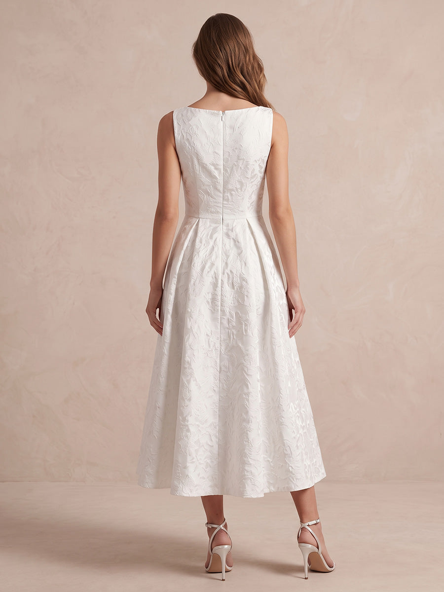 Ivory A Line Tea Length Jacquard Wedding Guest Dresses Bateau Neck Cocktail Dresses