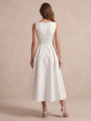 Ivory A Line Tea Length Jacquard Wedding Guest Dresses Bateau Neck Cocktail Dresses