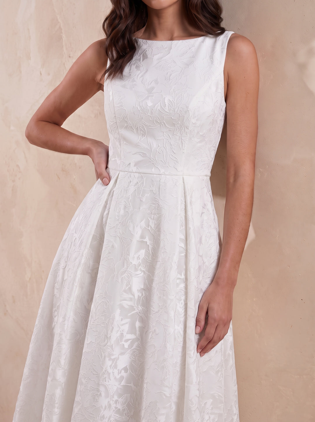 Ivory A Line Tea Length Jacquard Wedding Guest Dresses Bateau Neck Cocktail Dresses