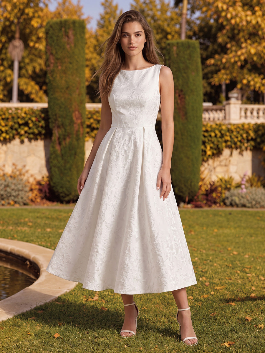 Ivory A Line Tea Length Jacquard Wedding Guest Dresses Bateau Neck Cocktail Dresses