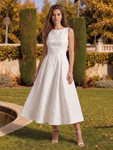Ivory A Line Tea Length Jacquard Wedding Guest Dresses Bateau Neck Cocktail Dresses