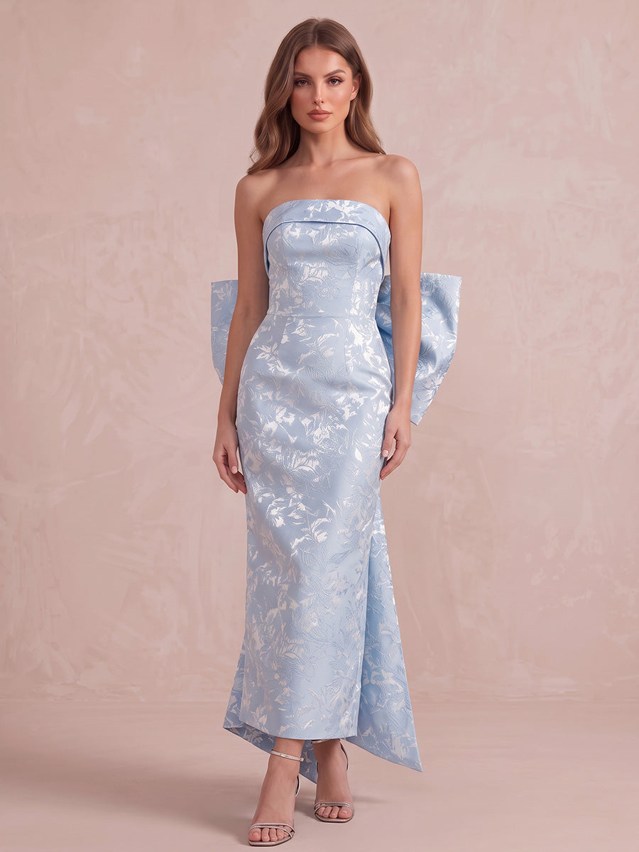 Light Blue Sheath Ankle Length Jacquard Wedding Guest Dresses Strapless Cocktail Dresses