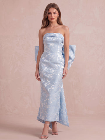 Light Blue Sheath Ankle Length Jacquard Wedding Guest Dresses Strapless Cocktail Dresses