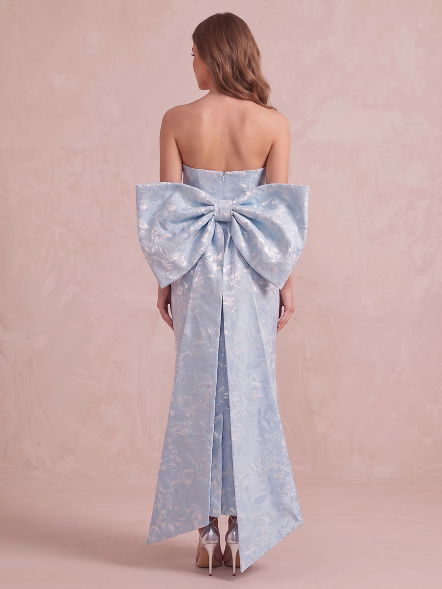 Light Blue Sheath Ankle Length Jacquard Wedding Guest Dresses Strapless Cocktail Dresses