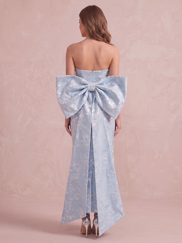 Light Blue Sheath Ankle Length Jacquard Wedding Guest Dresses Strapless Cocktail Dresses