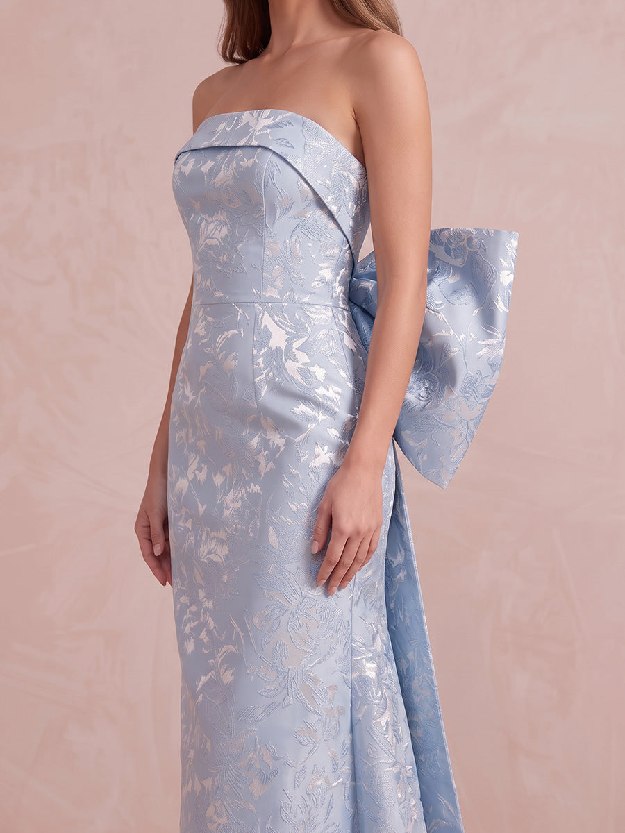 Light Blue Sheath Ankle Length Jacquard Wedding Guest Dresses Strapless Cocktail Dresses