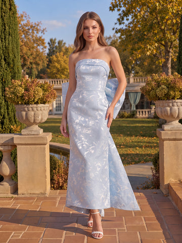 Light Blue Sheath Ankle Length Jacquard Wedding Guest Dresses Strapless Cocktail Dresses
