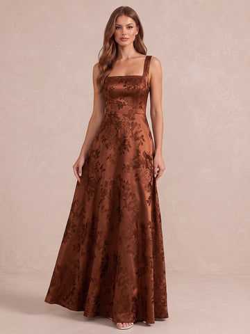 Burnt Orange A Line Floor Length Jacquard Satin Wedding Guest Dresses Square Neck Evening Dresses
