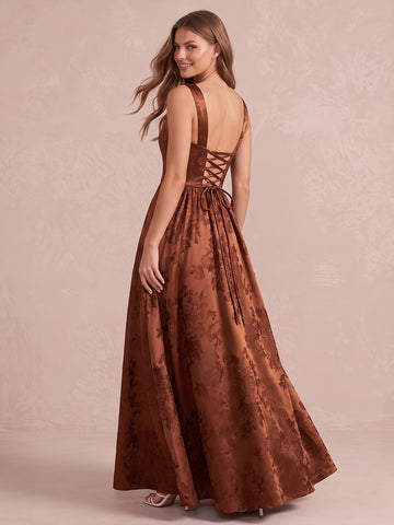 Burnt Orange A Line Floor Length Jacquard Satin Wedding Guest Dresses Square Neck Evening Dresses