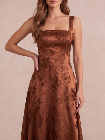 Burnt Orange A Line Floor Length Jacquard Satin Wedding Guest Dresses Square Neck Evening Dresses