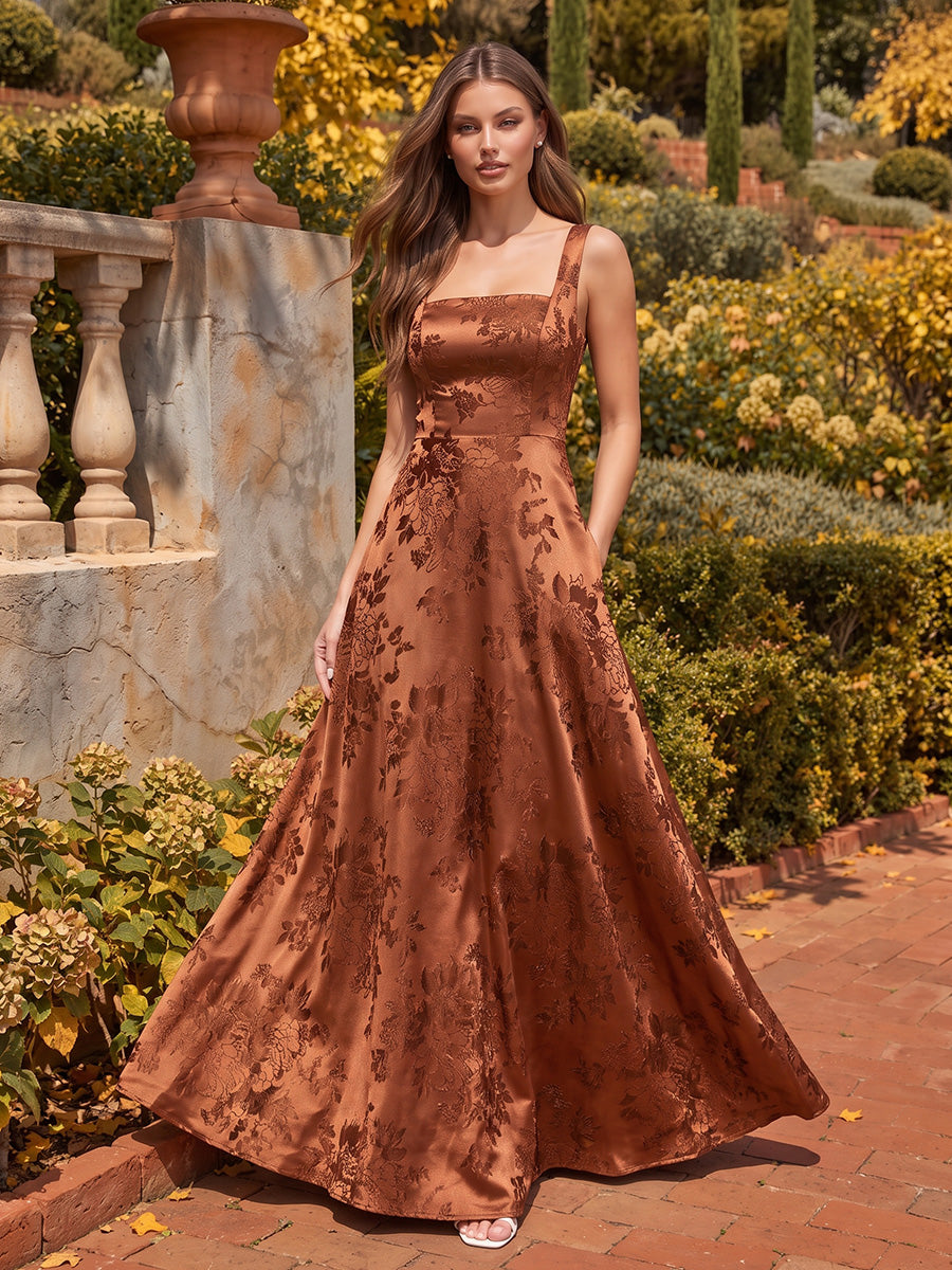 Burnt Orange A Line Floor Length Jacquard Satin Wedding Guest Dresses Square Neck Evening Dresses