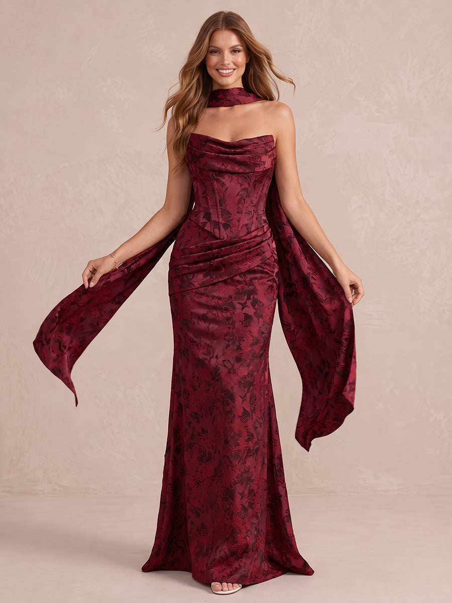 Burgundy Mermaid Floor Length Jacquard Satin Wedding Guest Dresses Strapless Cowl Cocktail Dresses