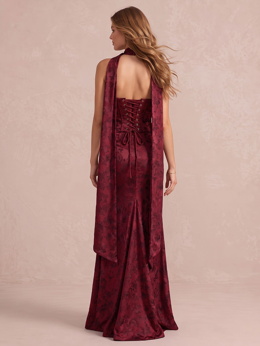 Burgundy Mermaid Floor Length Jacquard Satin Wedding Guest Dresses Strapless Cowl Cocktail Dresses