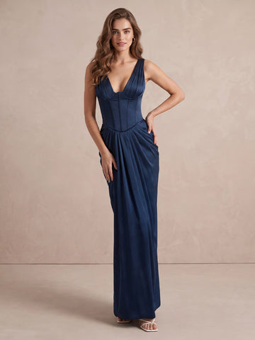Navy Blue Sheath Corset Ankle Length Satin Wedding Guest Dresses Deep V Neck Corset Evening Dresses