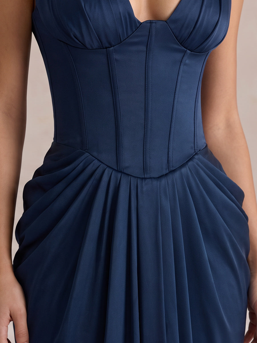 Navy Blue Sheath Corset Ankle Length Satin Wedding Guest Dresses Deep V Neck Corset Evening Dresses