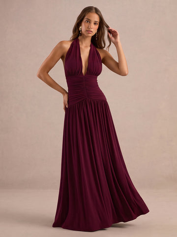 Burgundy A Line Long Luxe Stretch Jersey Wedding Guest Dresses Halter Deep V Neck Cocktail Dresses