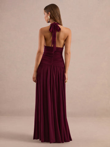 Burgundy A Line Long Luxe Stretch Jersey Wedding Guest Dresses Halter Deep V Neck Cocktail Dresses