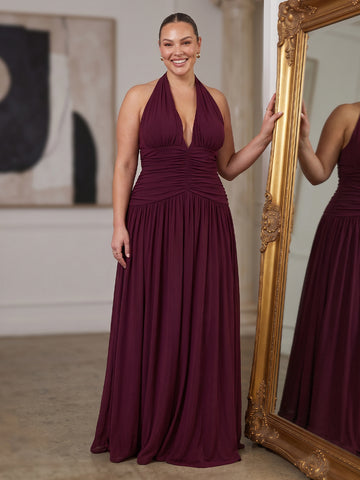 Burgundy A Line Long Luxe Stretch Jersey Wedding Guest Dresses Halter Deep V Neck Formal Dresses Plus Size