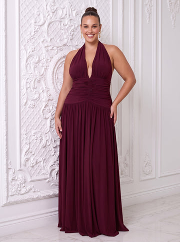Burgundy A Line Long Luxe Stretch Jersey Wedding Guest Dresses Halter Deep V Neck Formal Dresses Plus Size