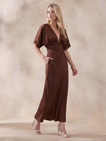 Chocolate Brown Sheath Ankle Length Satin Wedding Guest Dresses Deep V Neck Formal Dresses