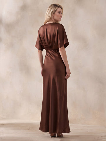 Chocolate Brown Sheath Ankle Length Satin Wedding Guest Dresses Deep V Neck Formal Dresses