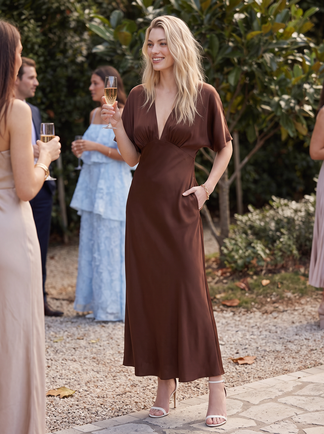 Chocolate Brown Sheath Ankle Length Satin Wedding Guest Dresses Deep V Neck Formal Dresses