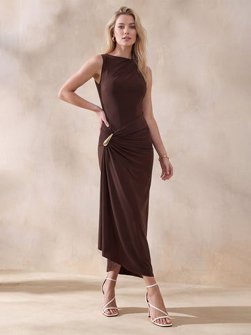 Chocolate Brown Luxe Stretch Jersey Wedding Guest Dresses Asymmetric Boat Neck Midi Formal Dresses
