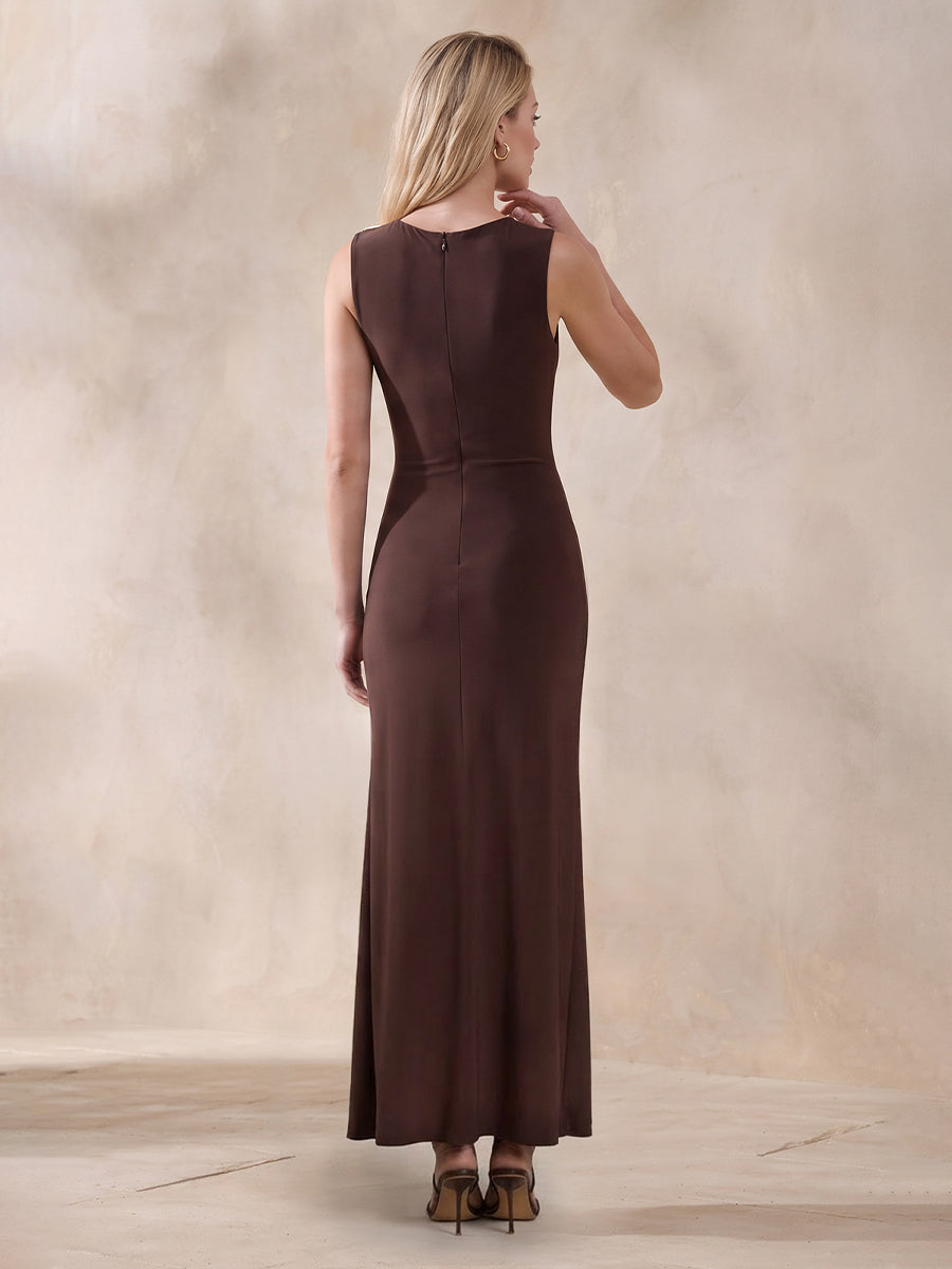 Chocolate Brown Luxe Stretch Jersey Wedding Guest Dresses Asymmetric Boat Neck Midi Formal Dresses