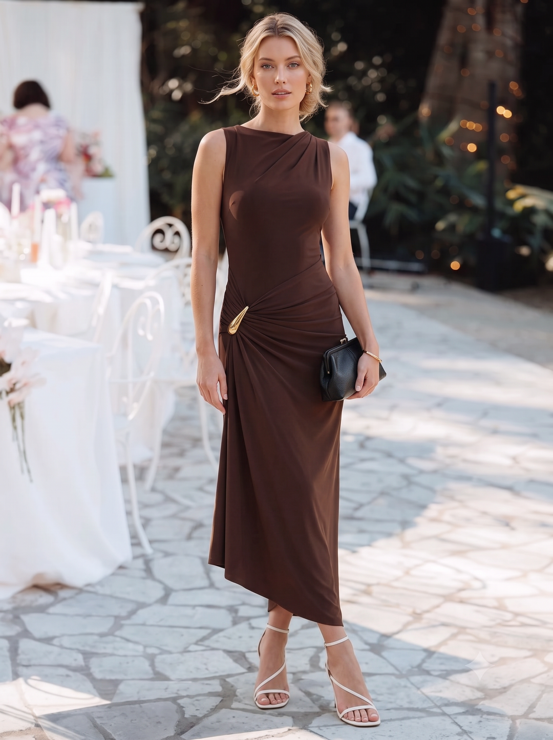 Chocolate Brown Luxe Stretch Jersey Wedding Guest Dresses Asymmetric Boat Neck Midi Formal Dresses