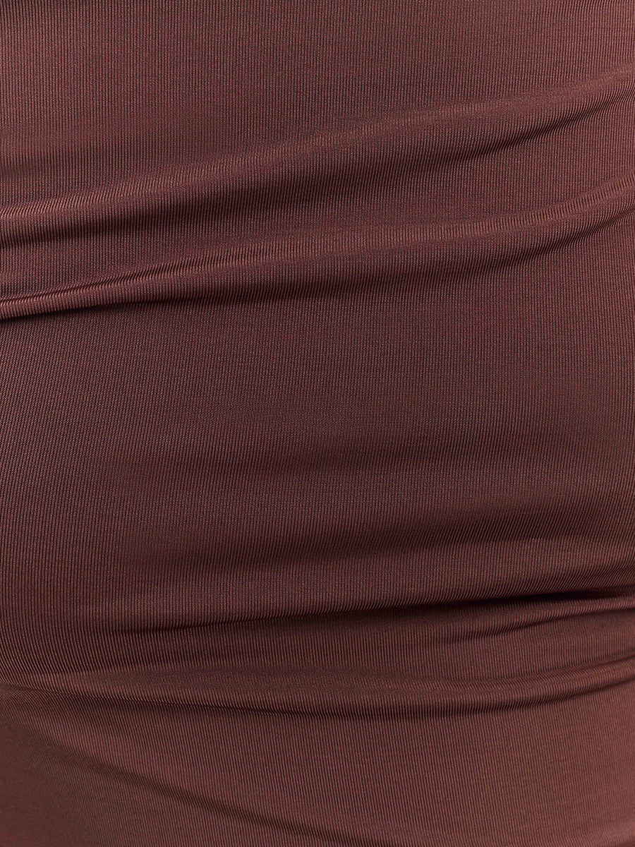 Chocolate Brown Luxe Stretch Jersey Wedding Guest Dresses Asymmetric Boat Neck Midi Formal Dresses
