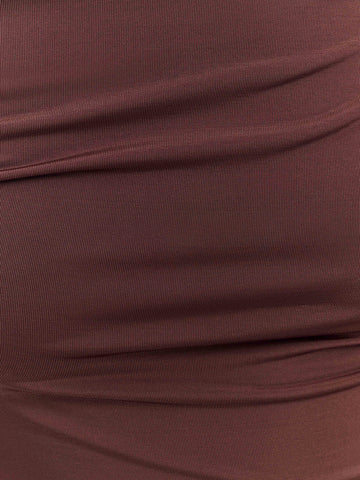 Chocolate Brown Luxe Stretch Jersey Wedding Guest Dresses Asymmetric Boat Neck Midi Formal Dresses