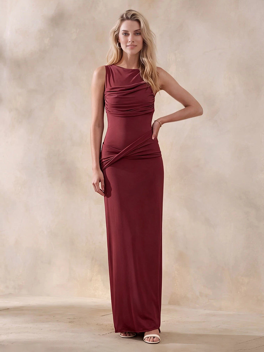 Burgundy Sheath Ankle Length Luxe Stretch Jersey Wedding Guest Dresses Draped Boat Neck Formal Dresses