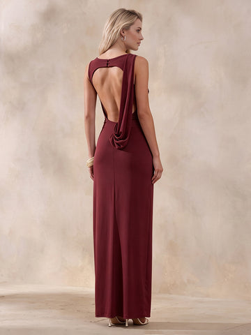 Burgundy Sheath Ankle Length Luxe Stretch Jersey Wedding Guest Dresses Draped Boat Neck Formal Dresses