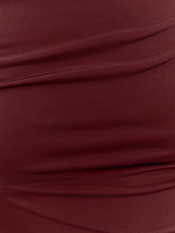 Burgundy Sheath Ankle Length Luxe Stretch Jersey Wedding Guest Dresses Draped Boat Neck Formal Dresses