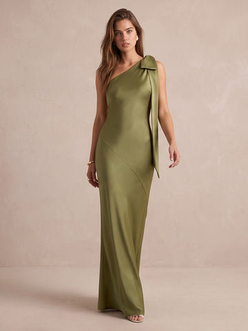 Olive Green Sheath Floor Length Satin Wedding Guest Dresses One Shoulder With Bow Formal Dresses