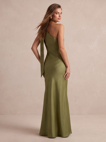 Olive Green Sheath Floor Length Satin Wedding Guest Dresses One Shoulder With Bow Formal Dresses