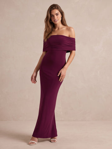 Plum Sheath Ankle Length Luxe Stretch Jersey Wedding Guest Dresses Off Shoulder Formal Dresses