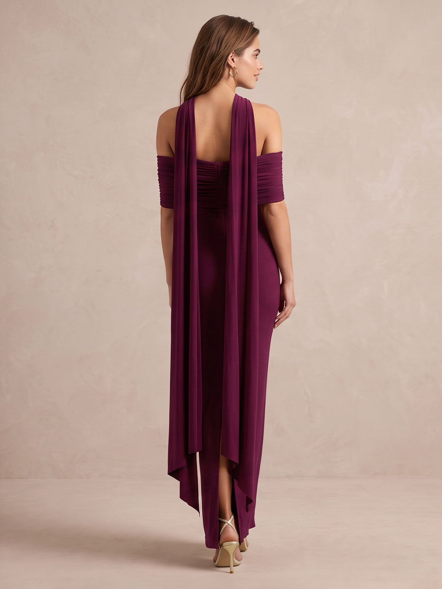 Plum Sheath Ankle Length Luxe Stretch Jersey Wedding Guest Dresses Off Shoulder Formal Dresses